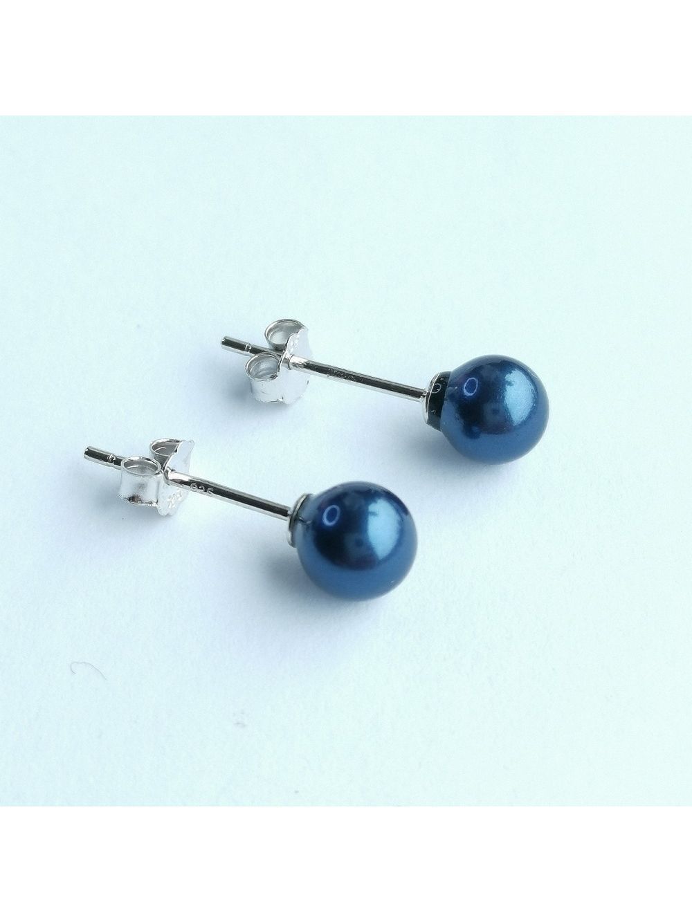 Navy Blue Shell Pearl Ball Stud Earrings Sterling Silver 6mm